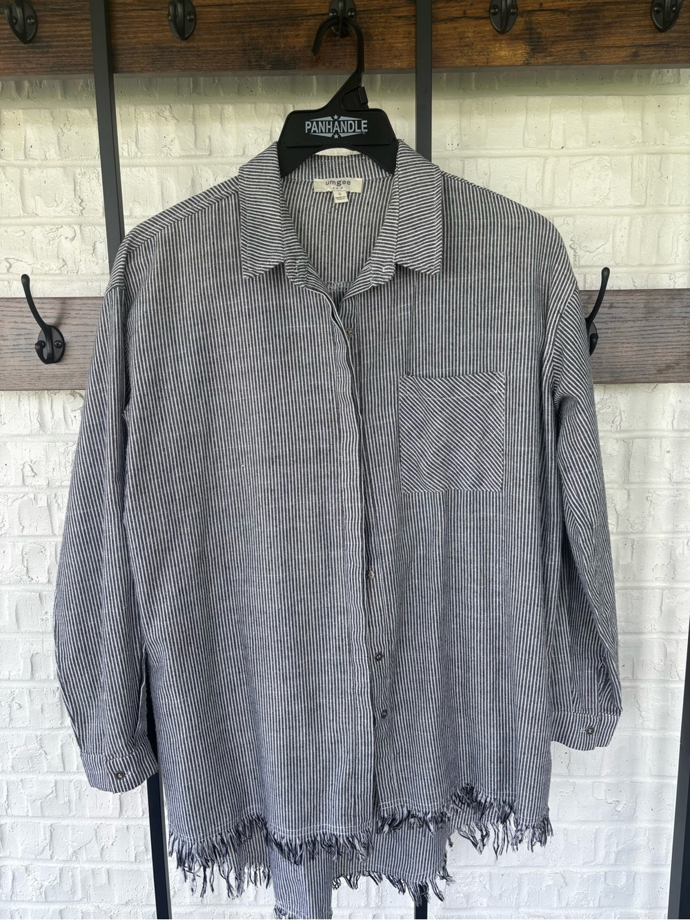 Umgee Black & White Striped Button Down Shirt with Fringe Hem